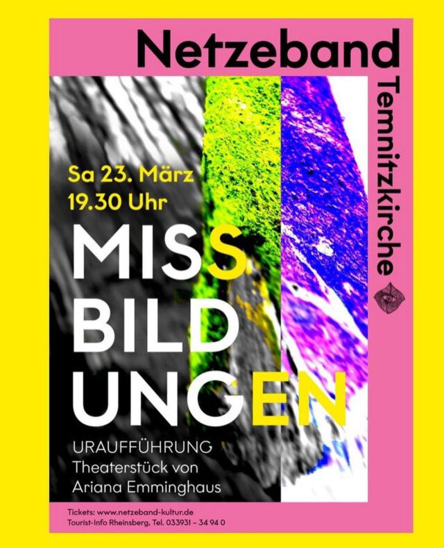 Morgen Abend in der Temnitzkirche Netzeband! ⛈

Es treten auf: Eine Schlingpflanze, eine Wolke, ein Brand, ein Tropfen und einige mehr. Es wird befallen, überfallen, einiges verfällt und kann dabei möglicherweise gefallen. Was Natur ist, wird in kurzweiligen Dialog-Szenen vermenschlicht. Was menschlich ist, wird zugleich abstrakt. Und das Abstrakte wird ausgesprochen, wird poetisch, wird grausam, wird anschaulich.🦐

Regie: Hans Machowiak
Spiel: @berenice.brause und Lina Nausedat
Text: Ariana Emminghaus 🌱